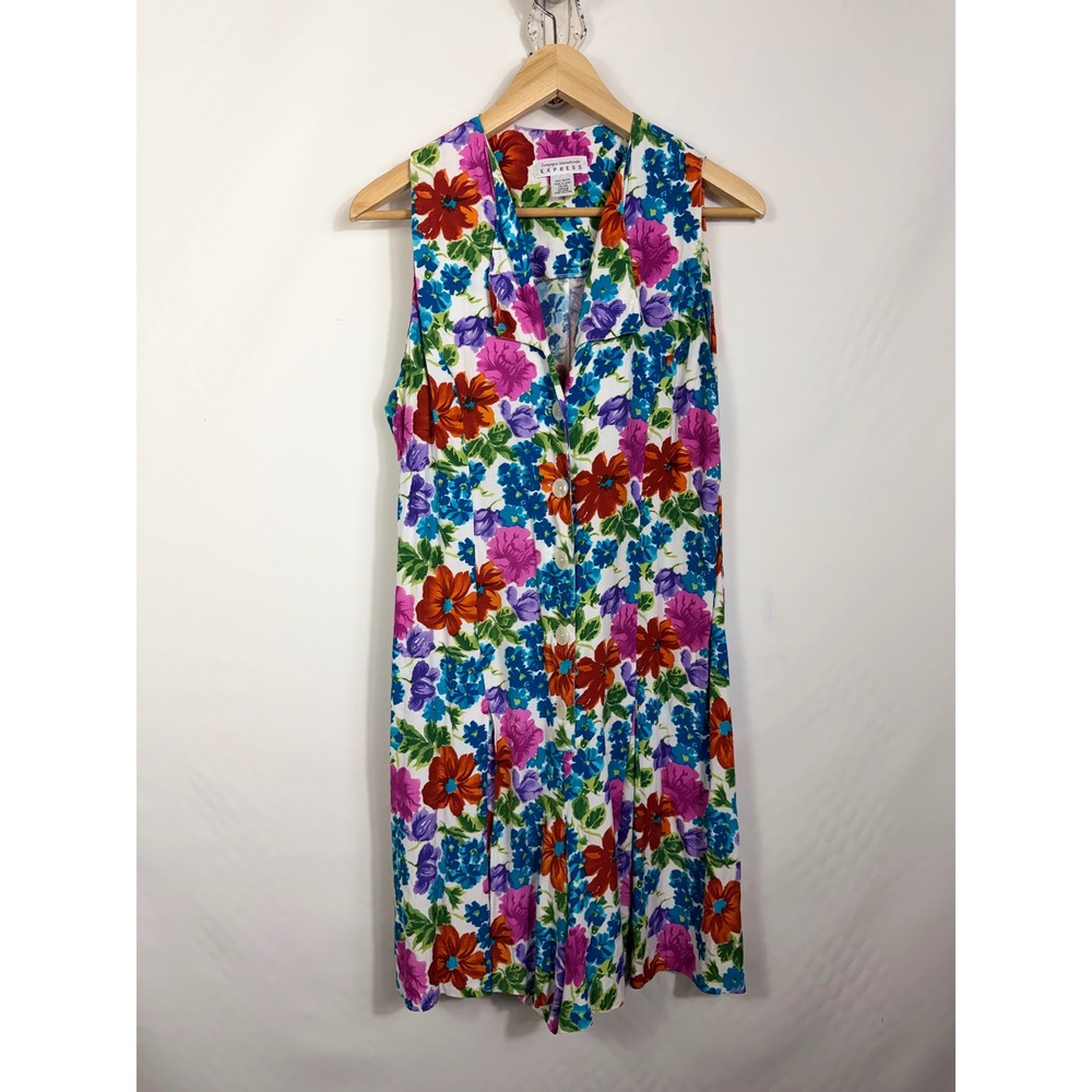 Express Romper Women 13/14 Multicolor Floral Vintage 90s Rayon Sleeveless V-Neck